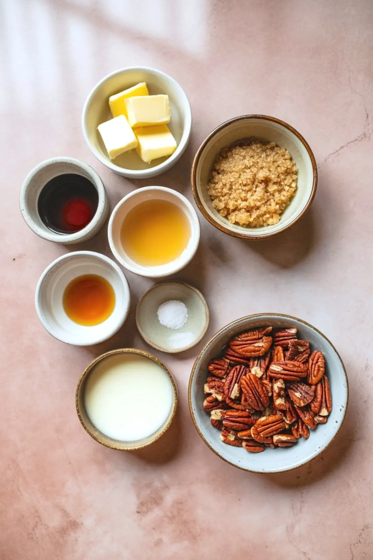 Overhead view of measured ingredients in small bowls on a pink background, including butter cubes, brown sugar, chopped pecans, heavy cream, vanilla extract, maple syrup, and a pinch of salt, prepared for making pecan pie dip.
