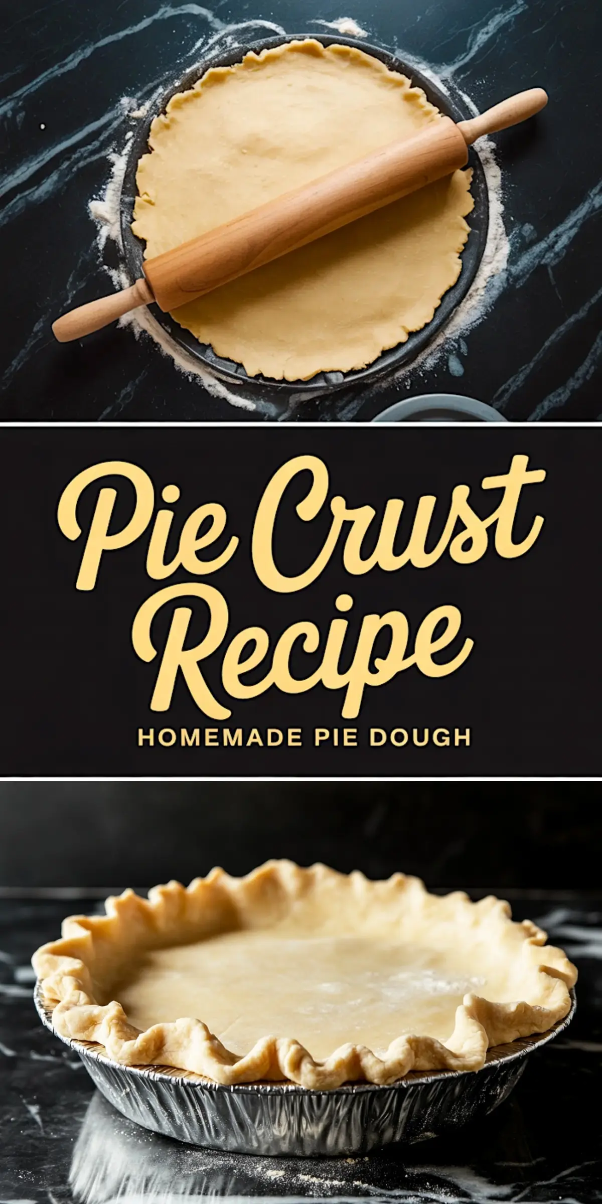 Pinterest collage with a top image of rolled out pie dough and wooden rolling pin, middle text “Pie Crust Recipe: Homemade Pie Dough,” and bottom image of crimped edge pie crust in aluminum tin.