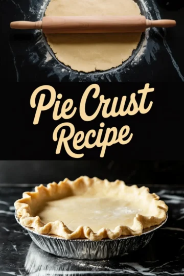 Pinterest graphic with top image of rolled pie dough and rolling pin, central “Pie Crust Recipe” text, and bottom photo of finished unbaked crust with fluted edges.