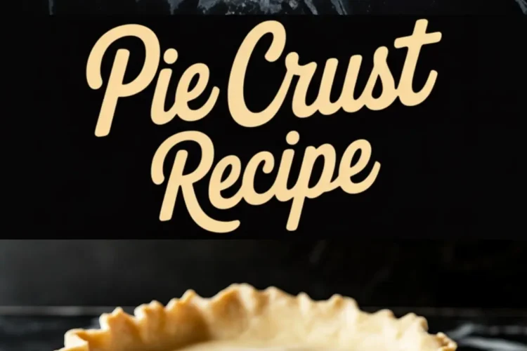 Pinterest graphic with top image of rolled pie dough and rolling pin, central “Pie Crust Recipe” text, and bottom photo of finished unbaked crust with fluted edges.