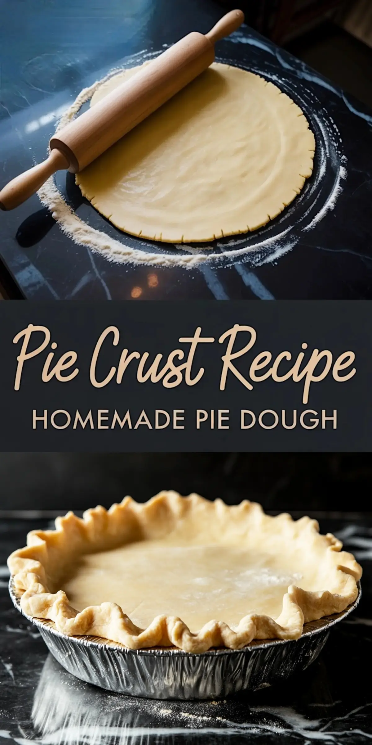 Pinterest image collage showing rolled pie dough with a wooden pin and text “Pie Crust Recipe: Homemade Pie Dough” above a close-up of formed pie crust in a foil tin, ideal for baking tutorials or recipe pins.