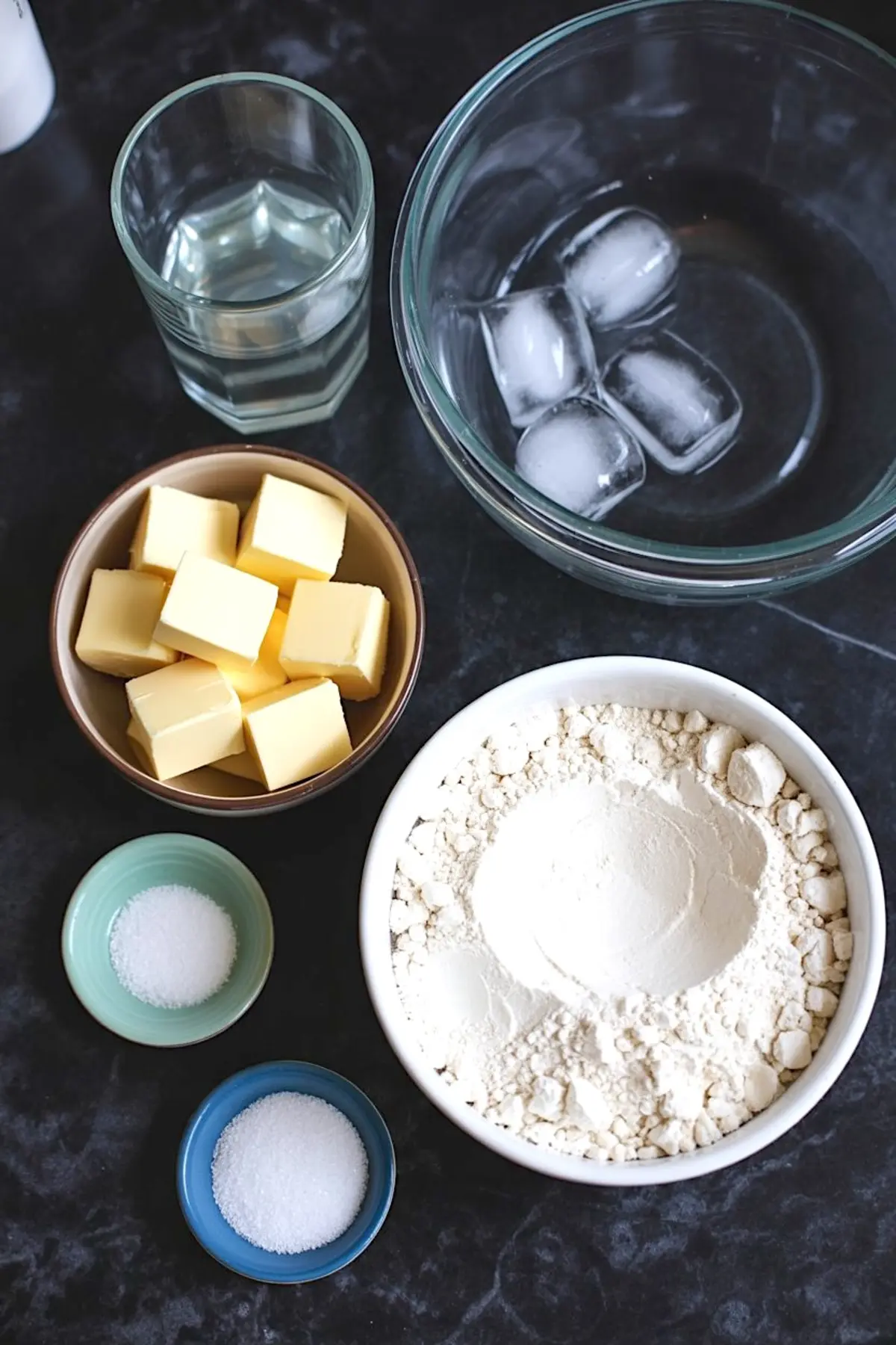 Overhead view of pie crust ingredients on a dark countertop, including cubed butter, all-purpose flour, salt, sugar, a glass of cold water, and a bowl with ice cubes for making flaky homemade pastry dough.