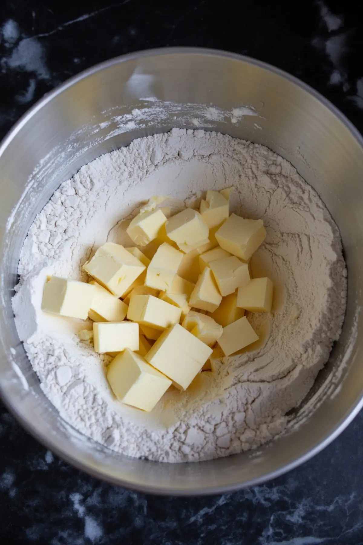 Mixing bowl with all-purpose flour and cubes of cold butter, ready to be combined for making buttery pie crust.