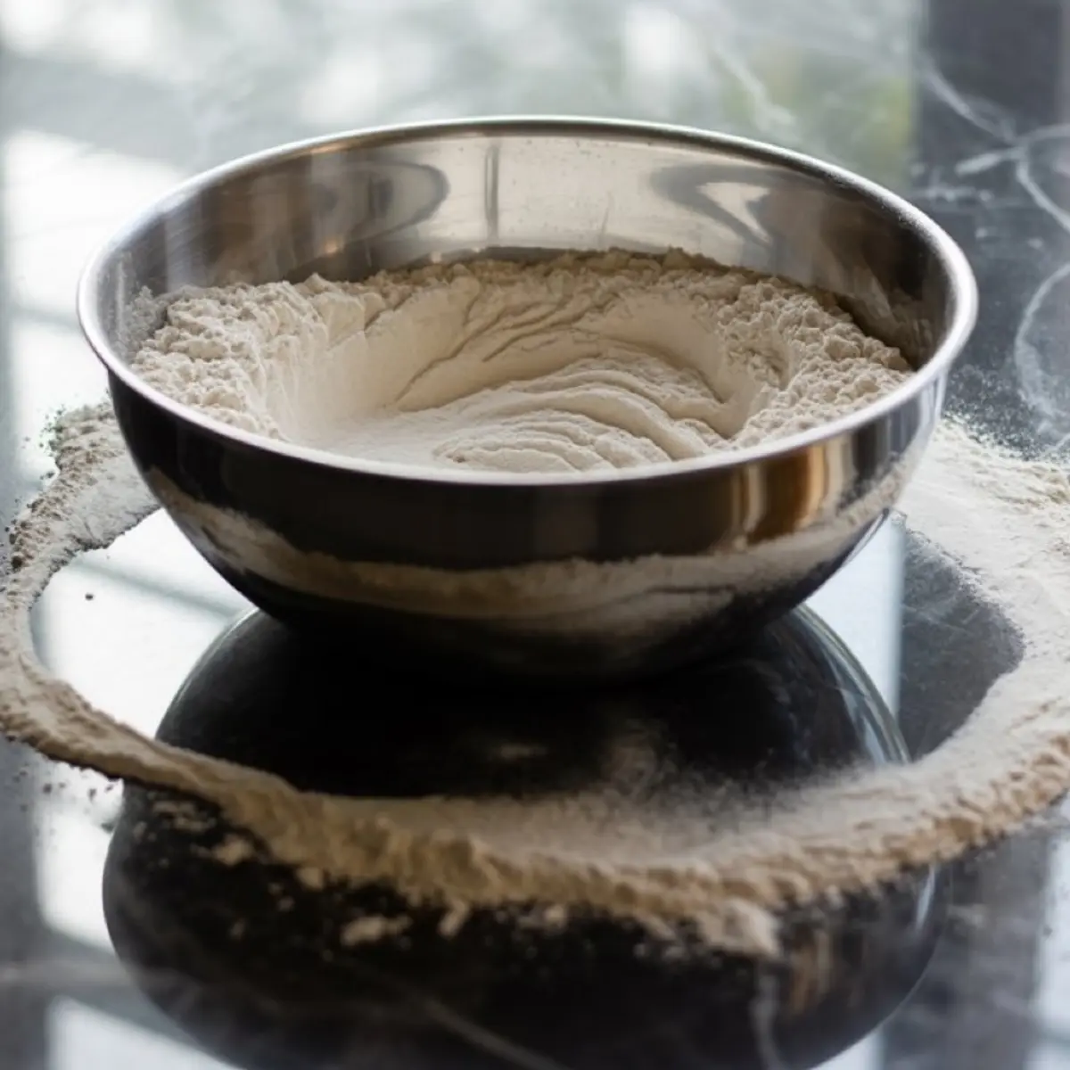 Stainless steel bowl filled with flour surrounded by scattered flour on a dark marble surface, set up for homemade dough preparation.