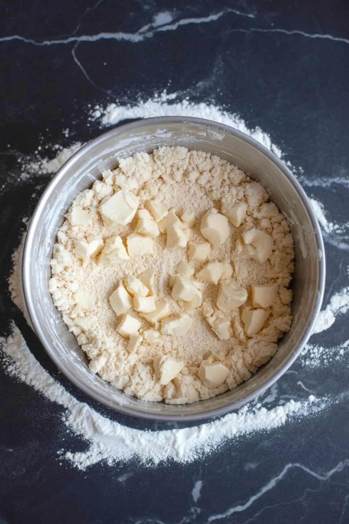 Metal mixing bowl containing flour and pieces of butter cut in, starting the process of cutting butter into the flour for pie dough.