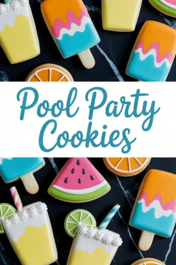Summer pool party sugar cookies shaped like popsicles, watermelon slices, citrus rounds, and yellow drinks with straws, decorated with colorful icing in pink, orange, green, blue, and white.