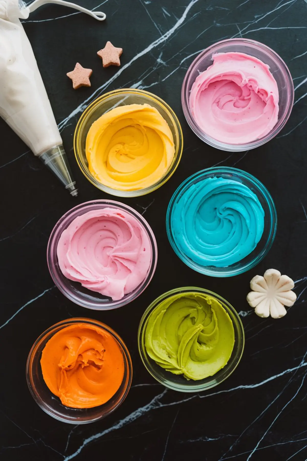 A flat lay of vibrant royal icing in small bowls colored yellow, pink, blue, orange, and green, with a piping bag and fondant decorations, arranged on a dark marble surface for cookie decorating.