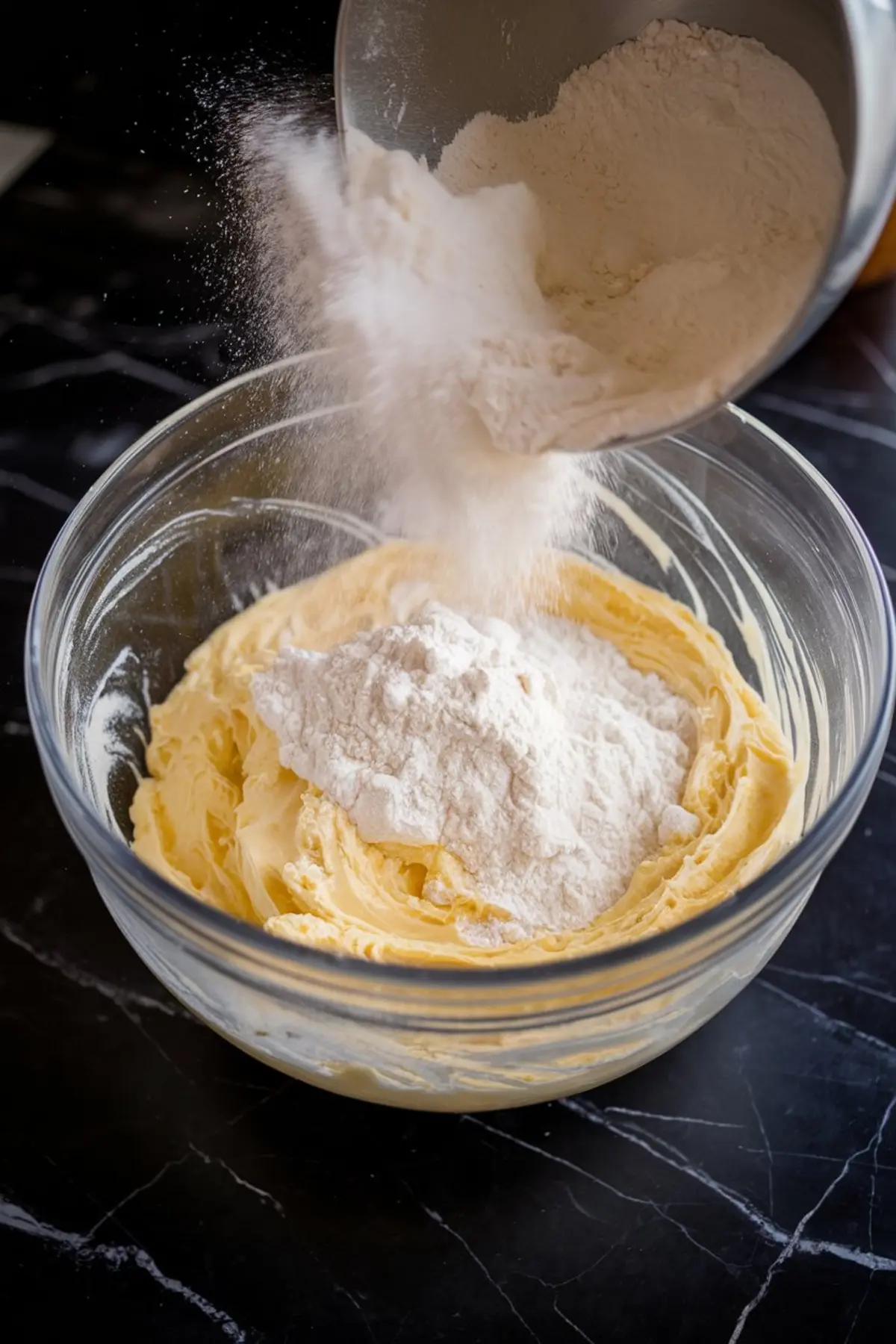 Flour being added to a bowl of whipped butter and sugar in a glass mixing bowl, captured mid-pour, with a dusting of flour in the air, placed on a dark kitchen counter.