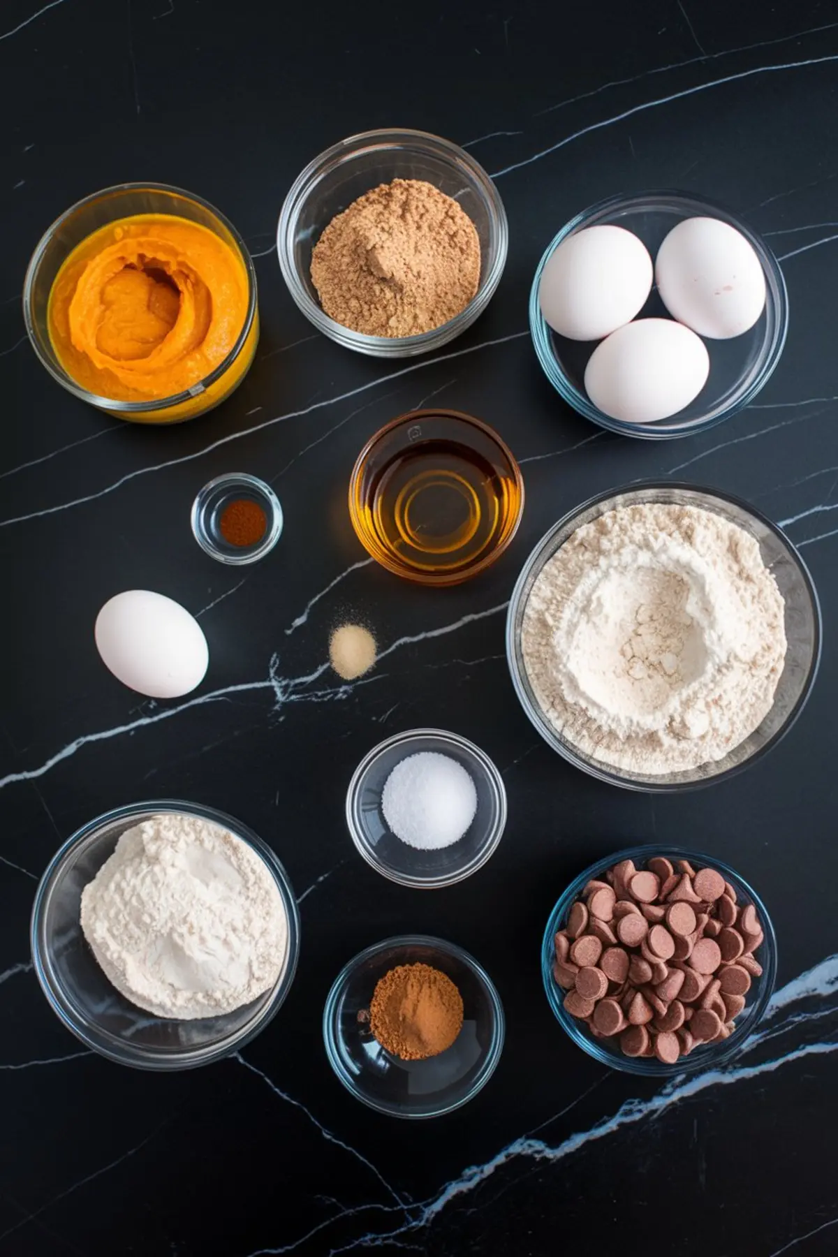 Flat lay of pumpkin muffin ingredients arranged in glass bowls on a black marble surface, including pumpkin puree, brown sugar, eggs, flour, chocolate chips, cinnamon, vanilla, salt, and baking spices.