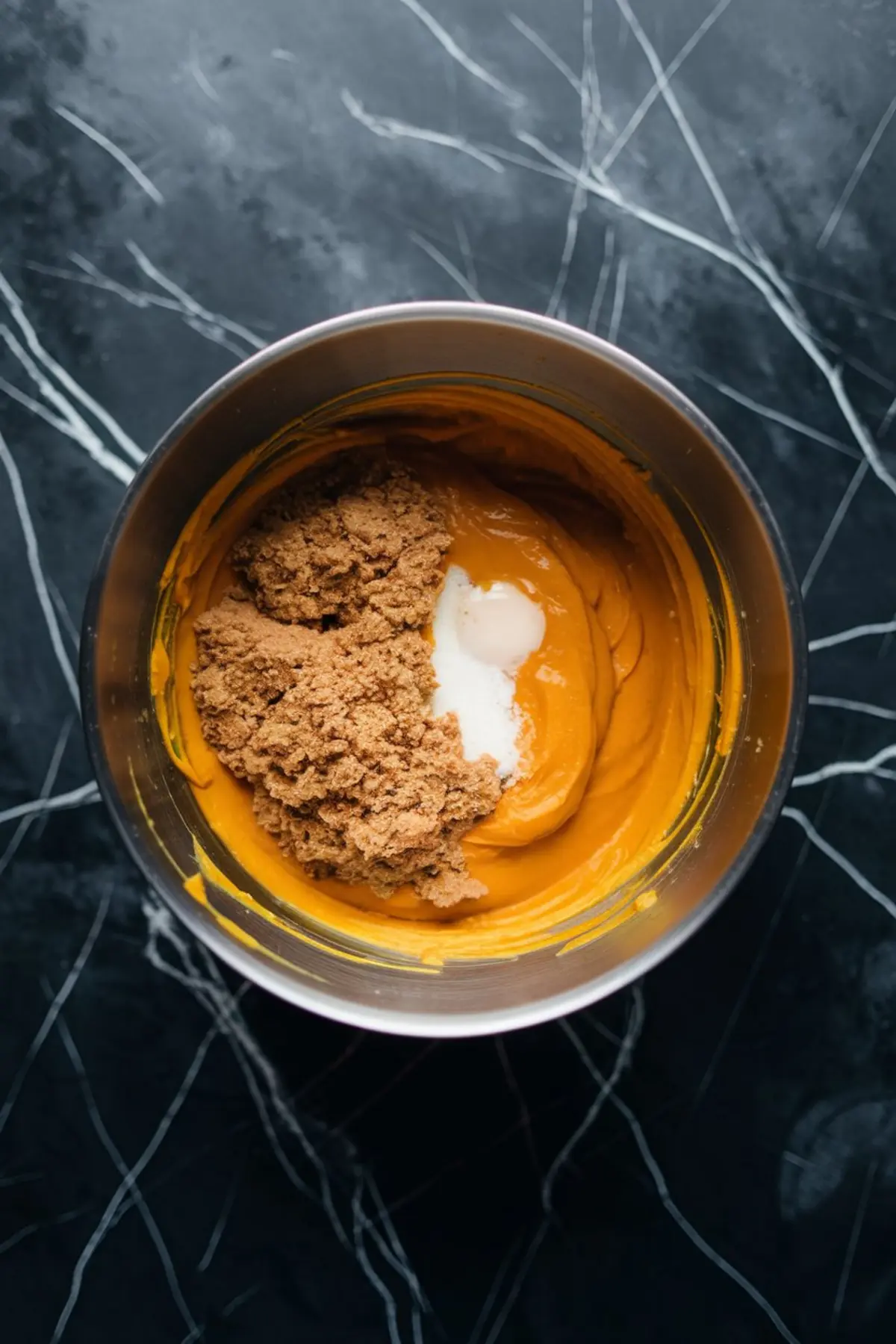 Overhead shot of a stainless steel mixing bowl containing pumpkin puree, brown sugar, and coconut oil on a black marble countertop, showing the early stage of muffin batter preparation.
