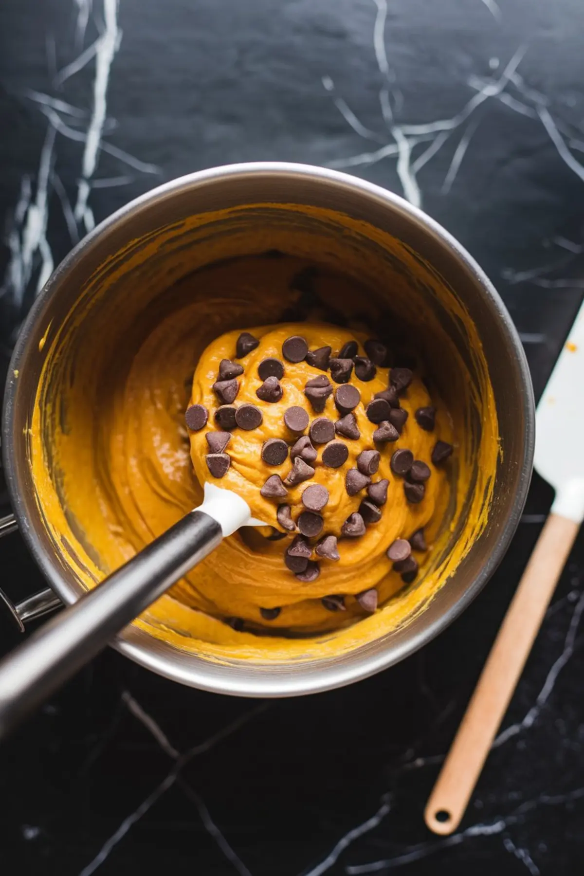 Mixing bowl filled with thick pumpkin batter topped with semi-sweet chocolate chips, with a spatula scooping the mixture inside a stainless steel bowl on a black marble background.
