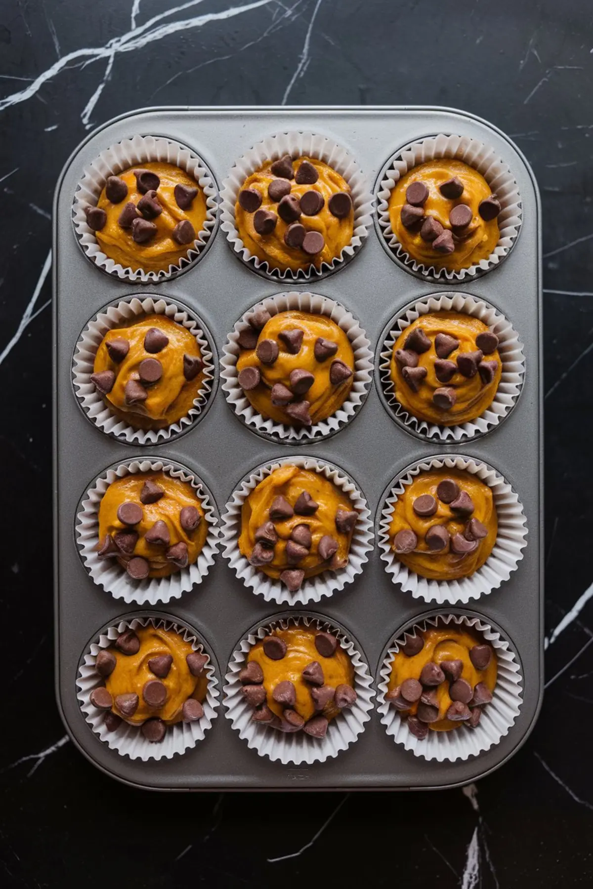 Overhead view of a muffin tin lined with paper cups, filled with pumpkin muffin batter generously topped with chocolate chips, ready to be baked.