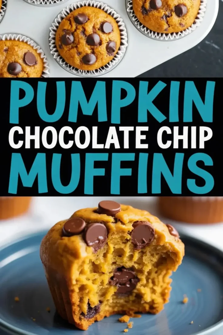 Collage showing freshly baked pumpkin chocolate chip muffins in a muffin tin on top, and a moist muffin with melted chocolate chips and a bite taken out on a blue plate below, with bold text in the center reading “Pumpkin Chocolate Chip Muffins.”