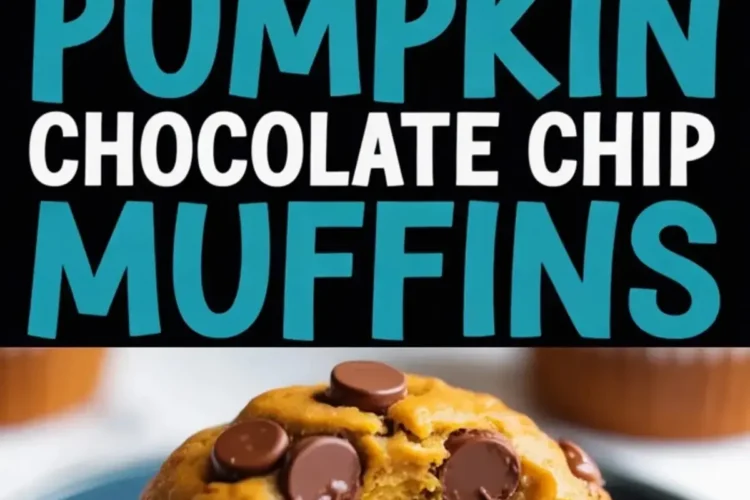 Collage showing freshly baked pumpkin chocolate chip muffins in a muffin tin on top, and a moist muffin with melted chocolate chips and a bite taken out on a blue plate below, with bold text in the center reading “Pumpkin Chocolate Chip Muffins.”