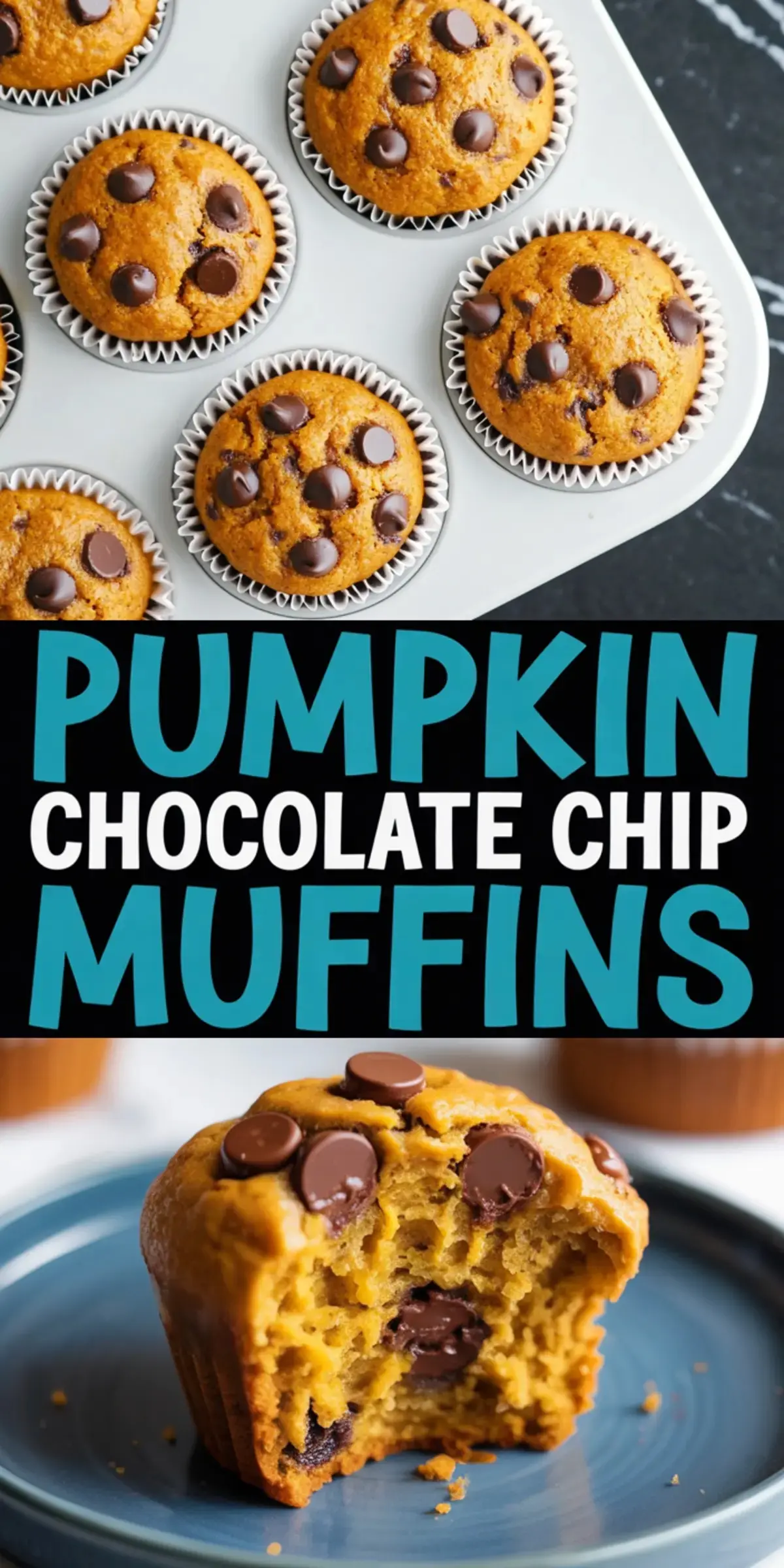 Collage displaying golden brown pumpkin chocolate chip muffins in a tin at the top, a close-up of a bitten muffin on a plate at the bottom, and centered bold typography stating “Pumpkin Chocolate Chip Muffins.”