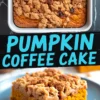 Collage image showing overhead view of baked pumpkin crumb cake in a white pan and close-up of a moist pumpkin cake slice topped with cinnamon crumble, with bold blue “Pumpkin Coffee Cake” text in the center.