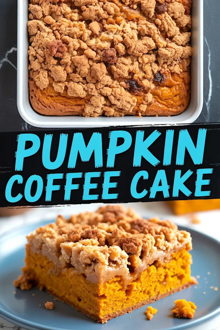 Collage image showing overhead view of baked pumpkin crumb cake in a white pan and close-up of a moist pumpkin cake slice topped with cinnamon crumble, with bold blue “Pumpkin Coffee Cake” text in the center.