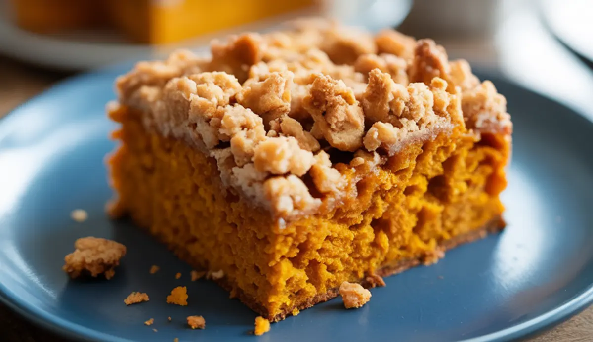 Close-up of a single slice of pumpkin coffee cake on a blue plate, showing a soft, fluffy texture and crumb topping with a hint of glaze, set on a cozy table.