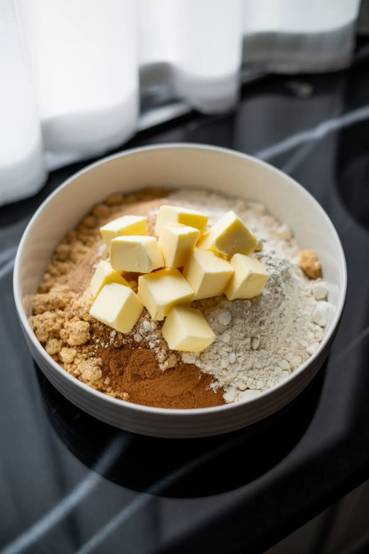 Mixing bowl with cubed butter, brown sugar, flour, and ground cinnamon for preparing crumb topping, on a kitchen counter with natural lighting.