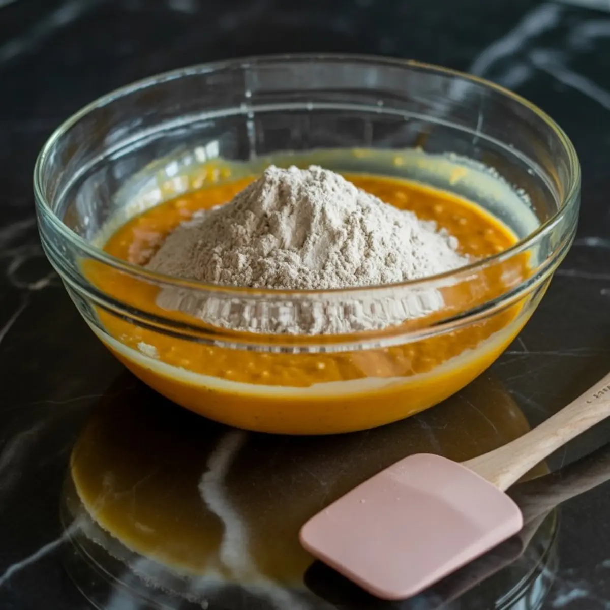 Glass bowl on a black marble counter filled with pumpkin batter and a mound of flour on top, next to a pink silicone spatula, ready for mixing.