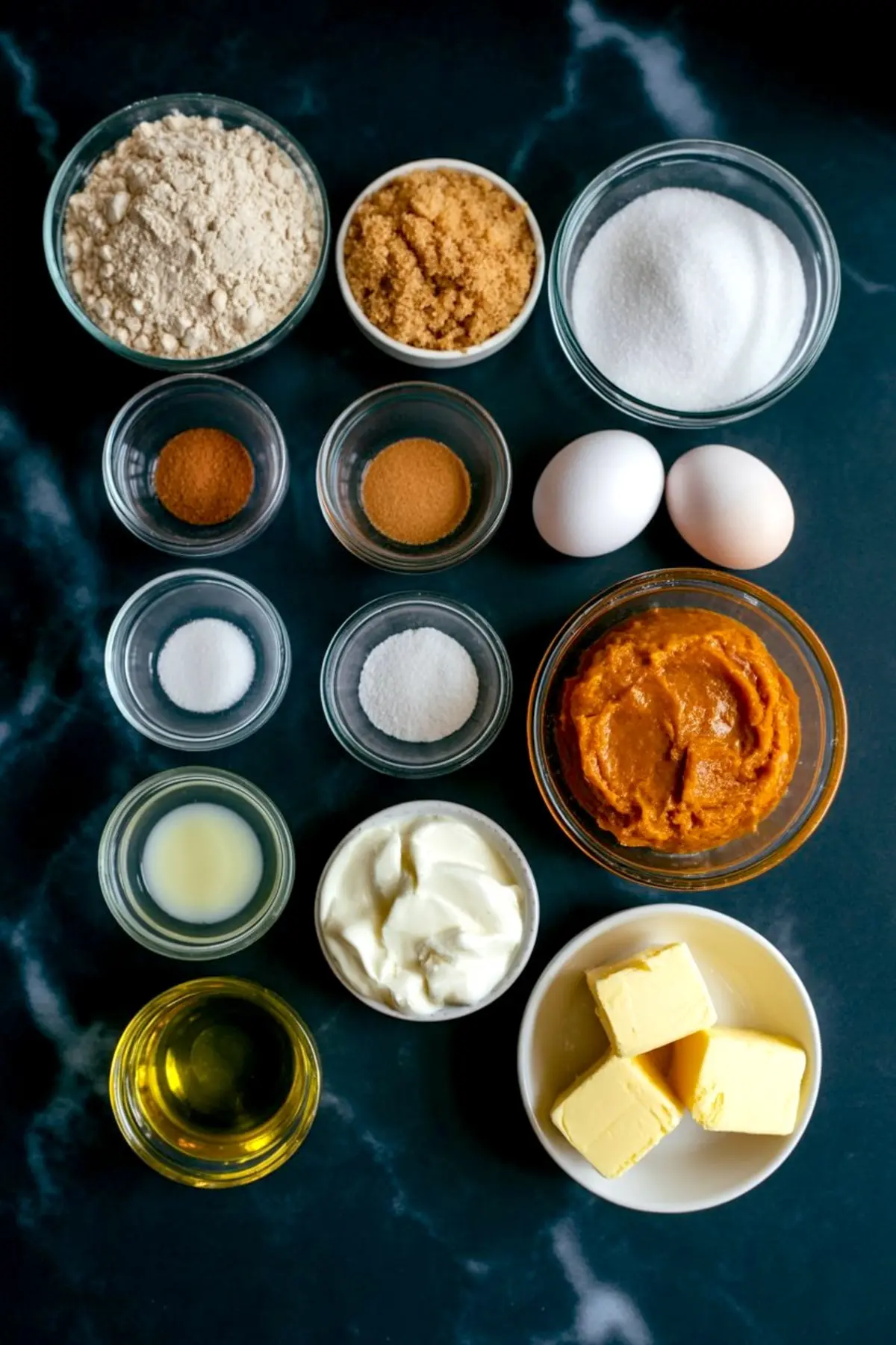 Overhead view of neatly arranged ingredients in small bowls, including flour, sugars, eggs, pumpkin purée, spices, butter, oil, yogurt, and vanilla, for making pumpkin coffee cake.