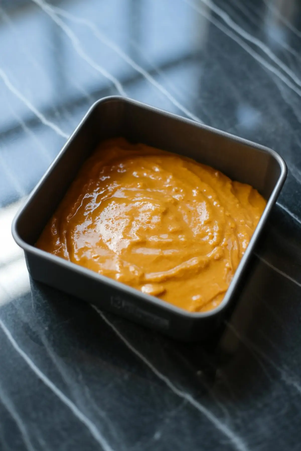 Square baking pan filled with smooth pumpkin batter spread evenly, sitting on a dark marbled countertop, ready to go into the oven.