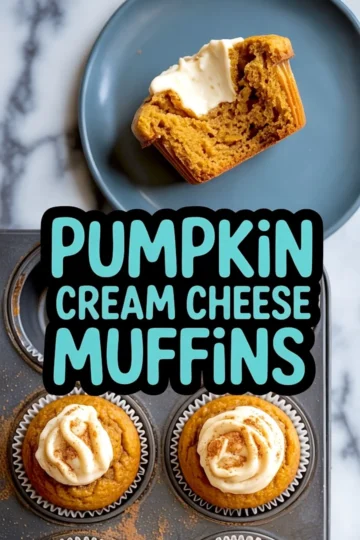 Collage image of a cut pumpkin muffin on a blue plate and freshly baked cream cheese-centered muffins in a baking tin, topped with cinnamon dust for a spiced autumn dessert look.
