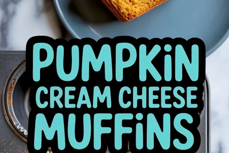 Collage image of a cut pumpkin muffin on a blue plate and freshly baked cream cheese-centered muffins in a baking tin, topped with cinnamon dust for a spiced autumn dessert look.