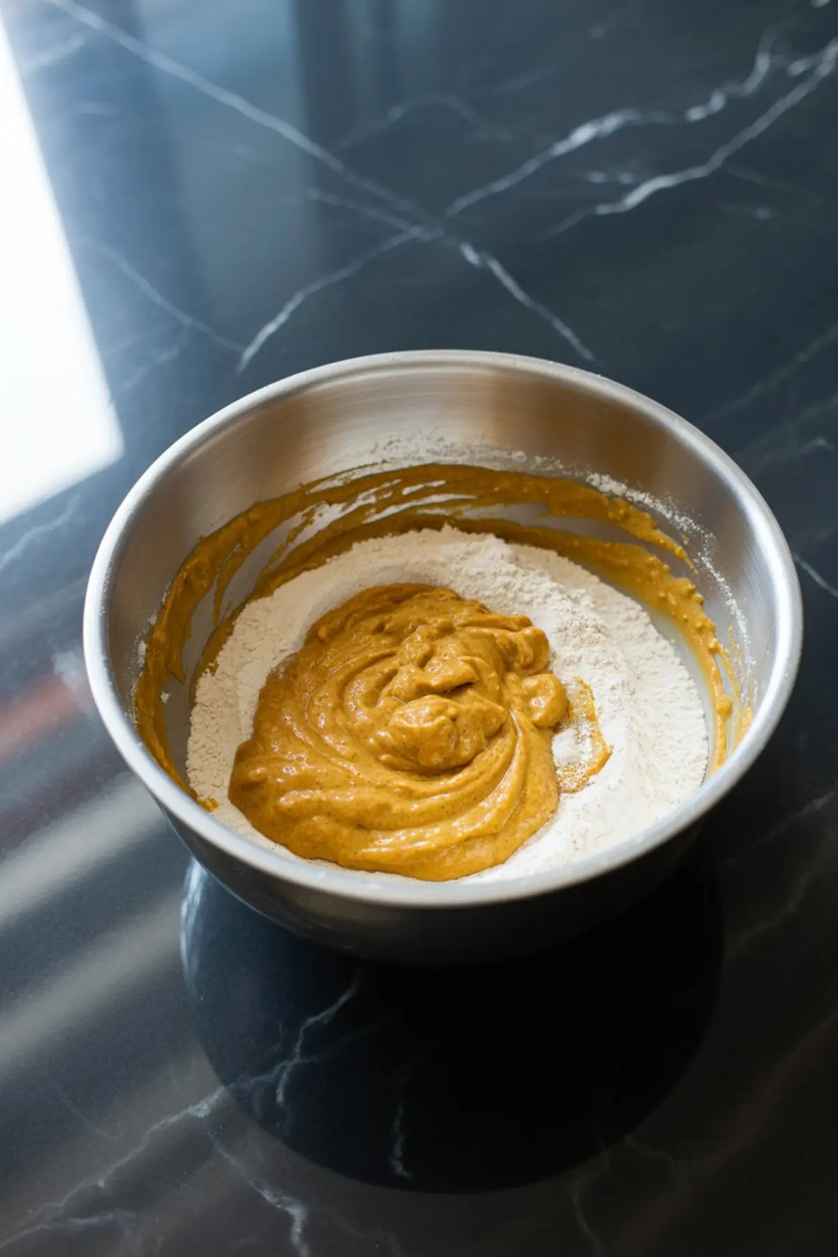 Mixing bowl with pumpkin muffin batter partially folded into flour, showing the thick orange batter in the process of being combined for baking.