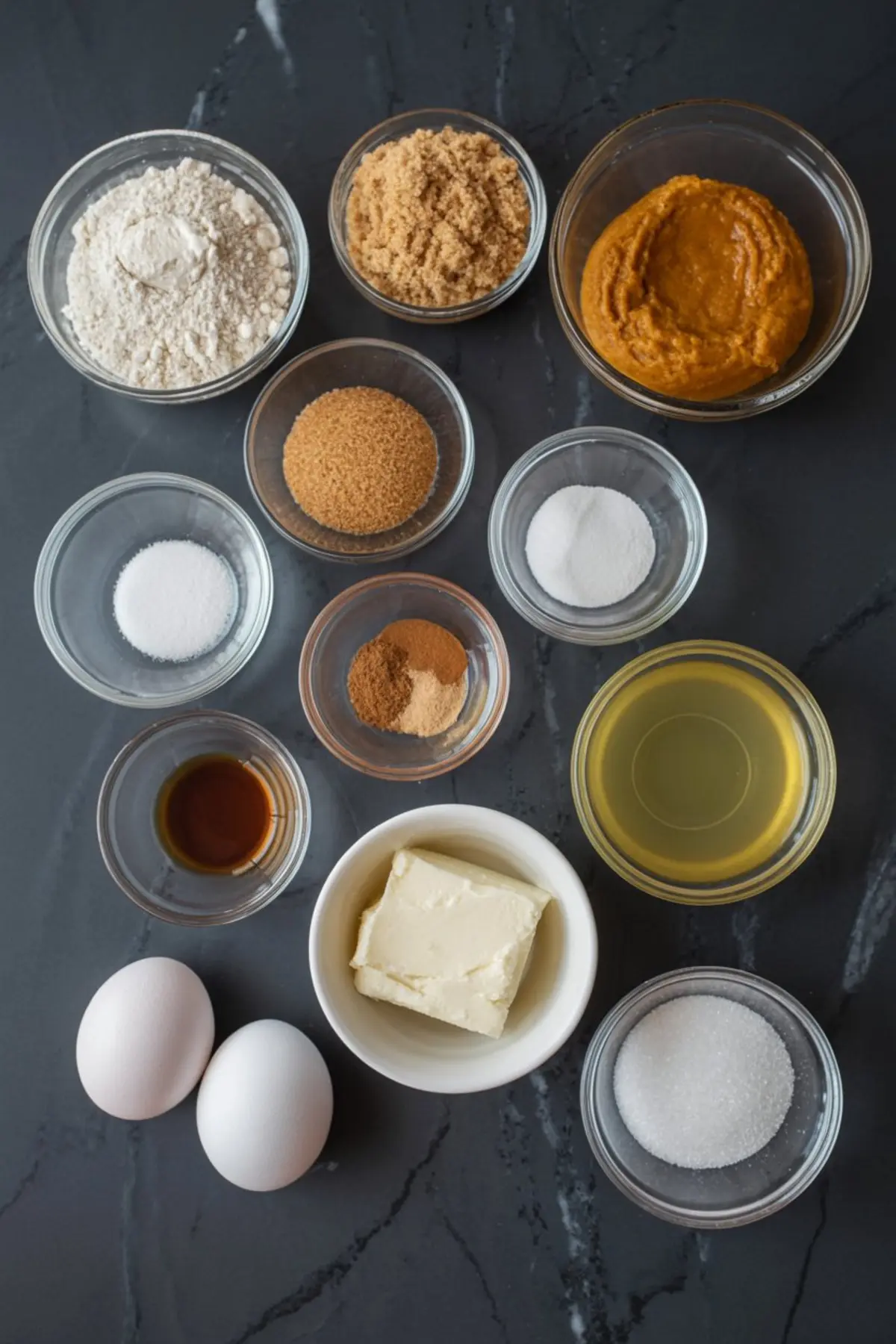 Overhead view of individual ingredients for pumpkin cream cheese muffins, including flour, brown sugar, pumpkin puree, granulated sugar, cream cheese, eggs, vanilla extract, oil, spices, and baking agents arranged in clear bowls on a dark marble surface.