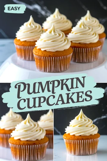 Pinterest collage with five pumpkin cupcakes topped with piped vanilla frosting on a cake stand above, and three close-up views of individual frosted cupcakes below, with text overlay reading “Pumpkin Cupcakes.”
