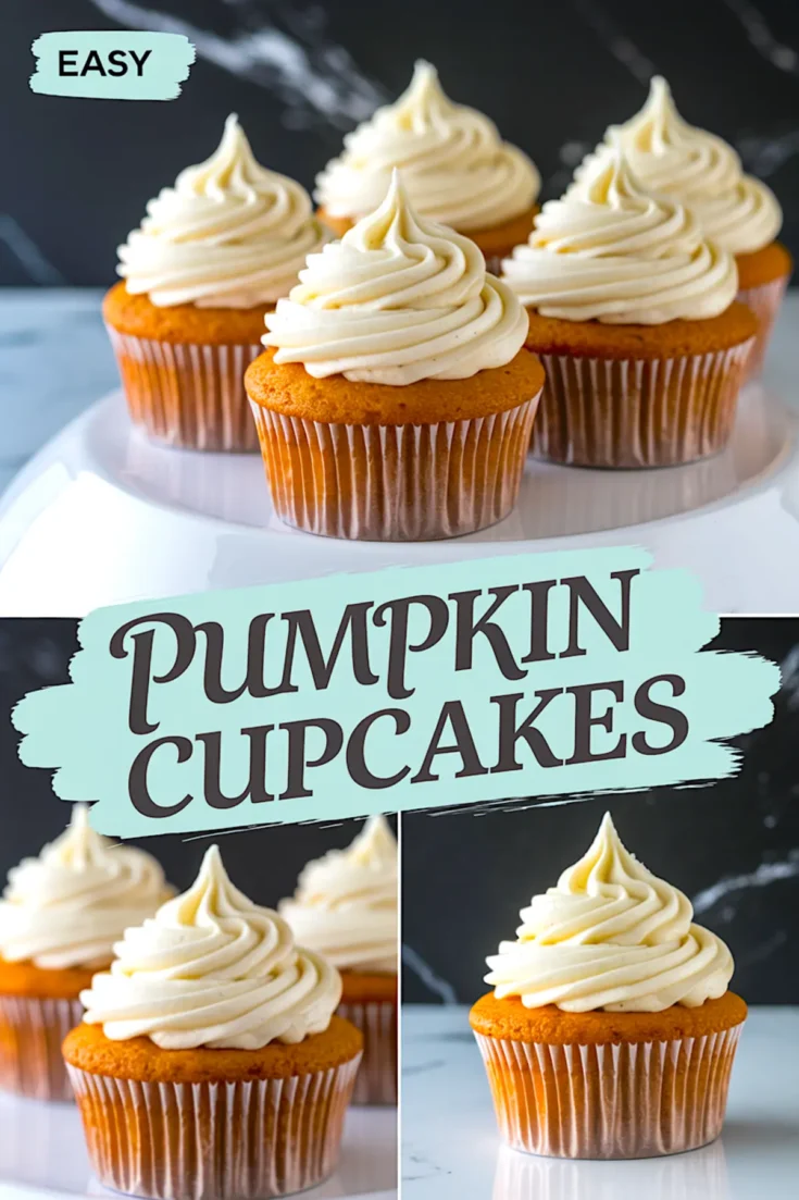Pinterest collage with five pumpkin cupcakes topped with piped vanilla frosting on a cake stand above, and three close-up views of individual frosted cupcakes below, with text overlay reading “Pumpkin Cupcakes.”