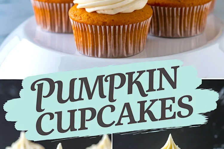 Pinterest collage with five pumpkin cupcakes topped with piped vanilla frosting on a cake stand above, and three close-up views of individual frosted cupcakes below, with text overlay reading “Pumpkin Cupcakes.”