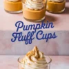 Collage showing pumpkin fluff dessert cups in clear glass jars, topped with piped whipped cream and dusted with cinnamon on a pink surface.