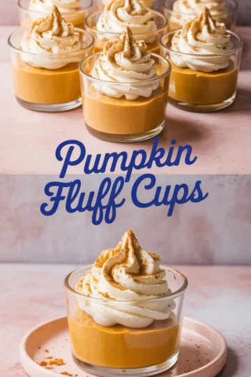 Collage showing pumpkin fluff dessert cups in clear glass jars, topped with piped whipped cream and dusted with cinnamon on a pink surface.