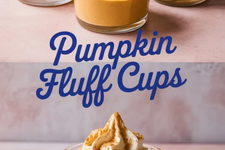 Collage showing pumpkin fluff dessert cups in clear glass jars, topped with piped whipped cream and dusted with cinnamon on a pink surface.