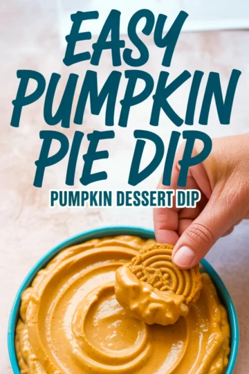Hand dipping a golden sandwich cookie into a bowl of smooth pumpkin pie dip, with bold text overlay reading “Easy Pumpkin Pie Dip – Pumpkin Dessert Dip.”
