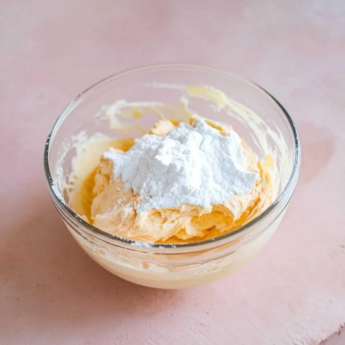 Glass bowl filled with whipped cream cheese and powdered sugar on a light pink background, showing early steps in making a creamy dessert dip.