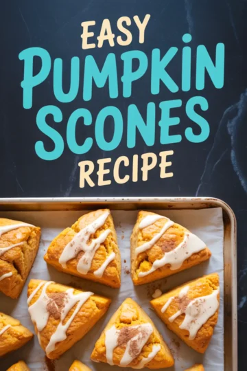 Pumpkin scones with white glaze and cinnamon sprinkled on top, arranged on a baking sheet under bright text reading “easy pumpkin scones recipe” in teal and cream.