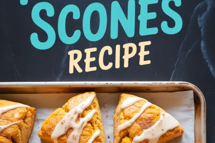 Pumpkin scones with white glaze and cinnamon sprinkled on top, arranged on a baking sheet under bright text reading “easy pumpkin scones recipe” in teal and cream.
