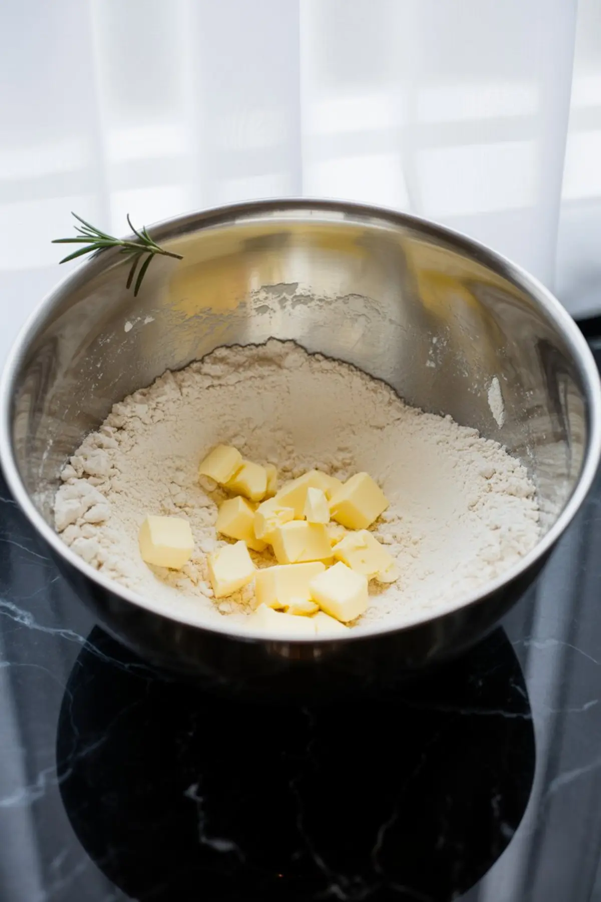 Cubes of cold butter added to a bowl of flour, ready to be cut in, with a rosemary sprig resting on the edge of the bowl on a glossy black countertop.
