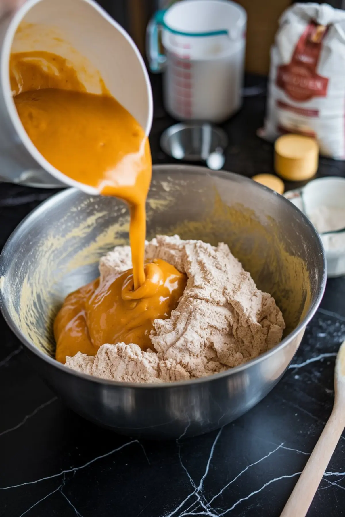 Pumpkin puree mixture being poured into a stainless steel bowl filled with spiced flour mix, showing the process of making pumpkin scone dough in a home kitchen setup.