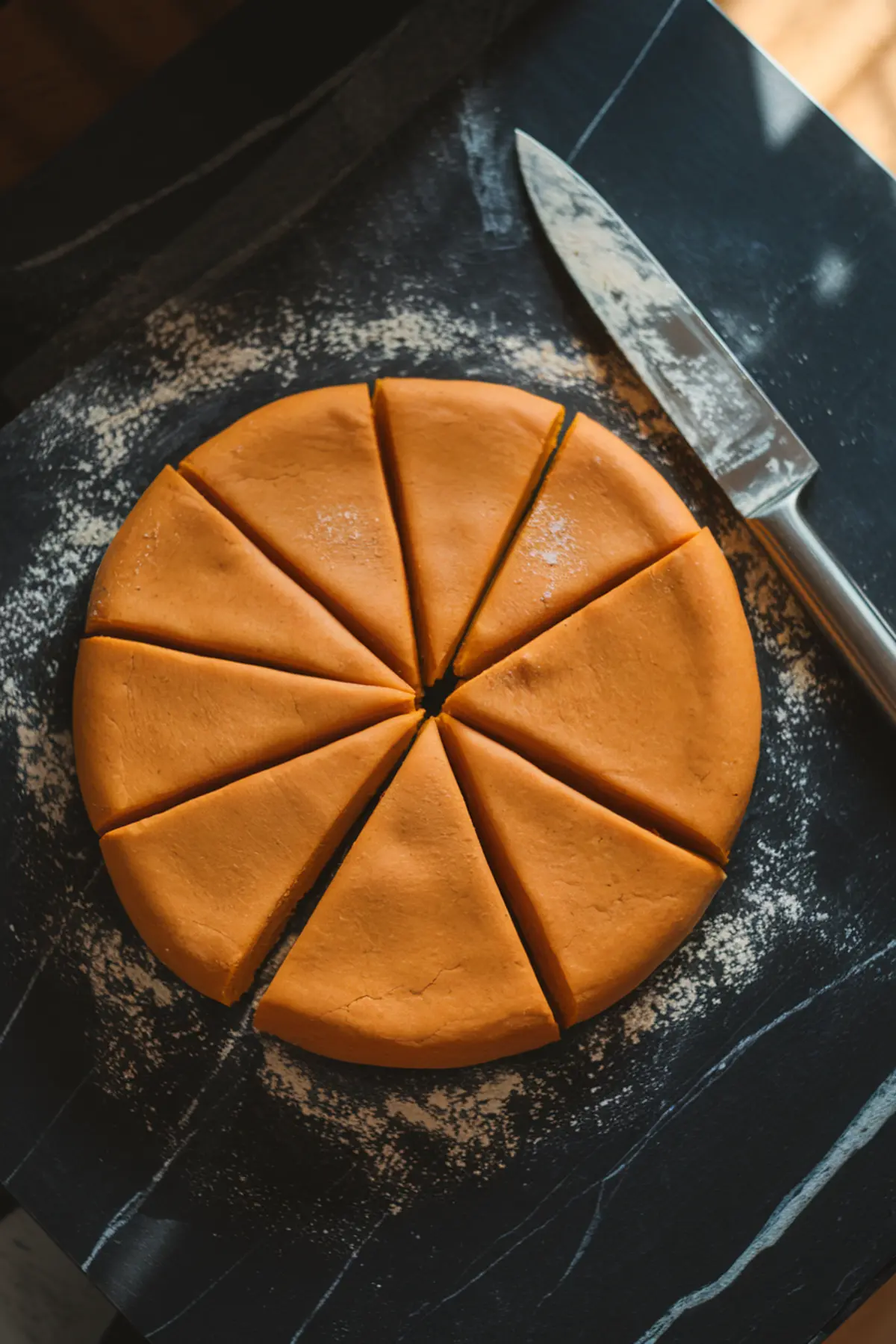 Round disc of pumpkin scone dough sliced into eight equal wedges, displayed on a floured black surface with a sharp kitchen knife beside it.