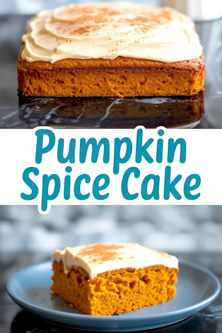 Collage featuring a side view of pumpkin spice cake with frosting on a marble surface and a close-up of a slice on a blue plate, highlighted by bold text that reads “Pumpkin Spice Cake.”