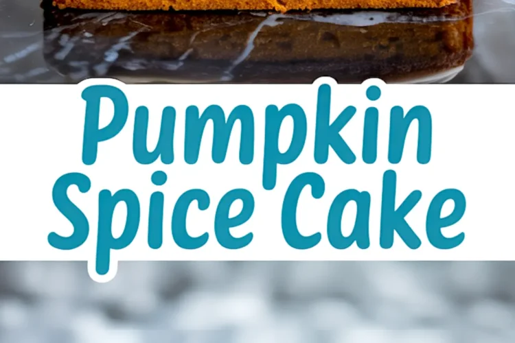 Collage featuring a side view of pumpkin spice cake with frosting on a marble surface and a close-up of a slice on a blue plate, highlighted by bold text that reads “Pumpkin Spice Cake.”