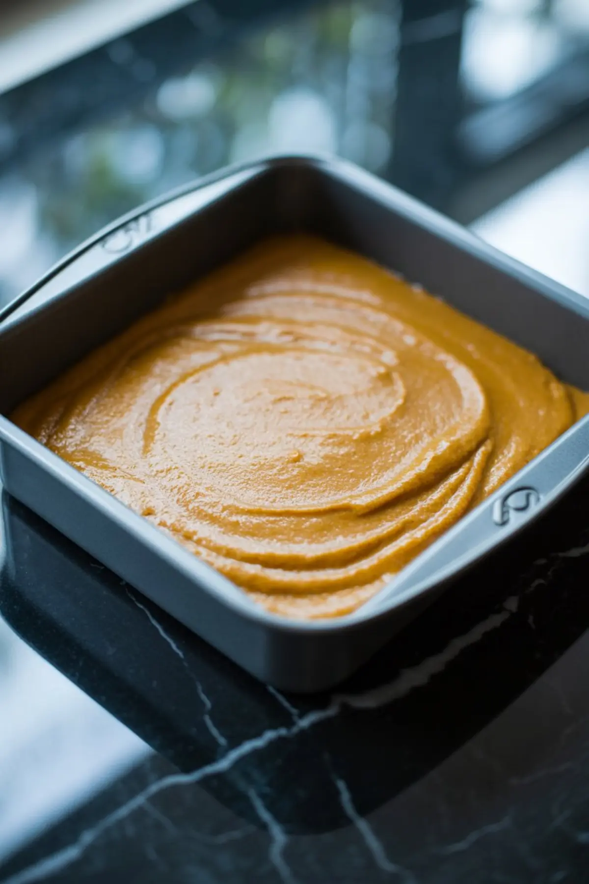 Square baking pan filled with pumpkin spice cake batter spread evenly and ready for baking, placed on a dark marble countertop.