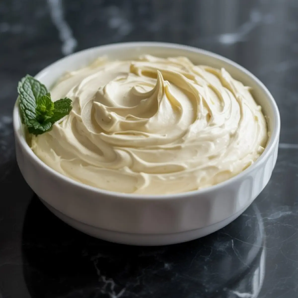 Bowl of creamy vanilla frosting swirled smoothly with a mint garnish on top, displayed on a black marble surface.