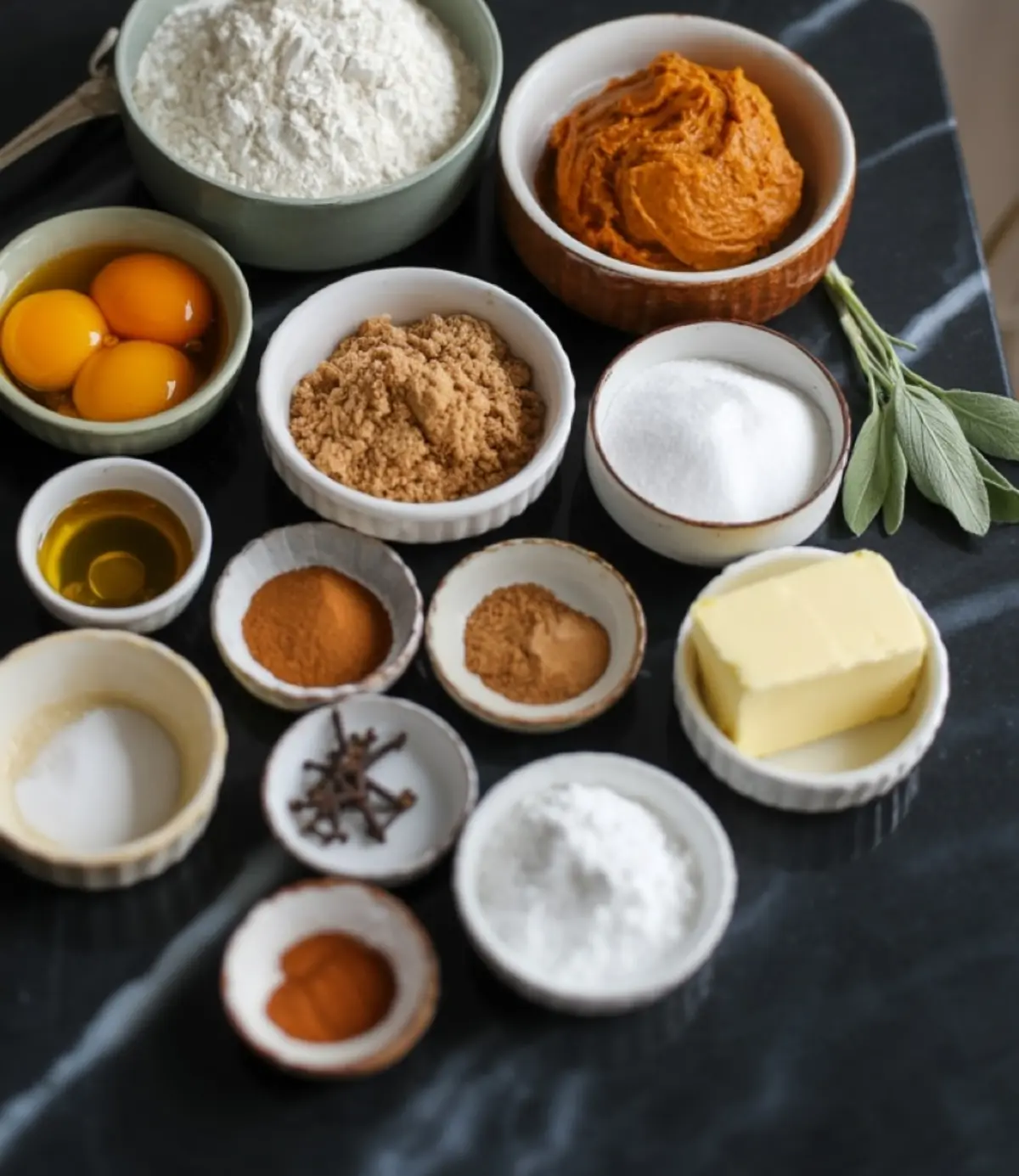 Overhead view of pumpkin spice cake ingredients arranged on a black countertop, including flour, eggs, brown sugar, granulated sugar, pumpkin purée, butter, oil, and various spices like cinnamon, nutmeg, and cloves.