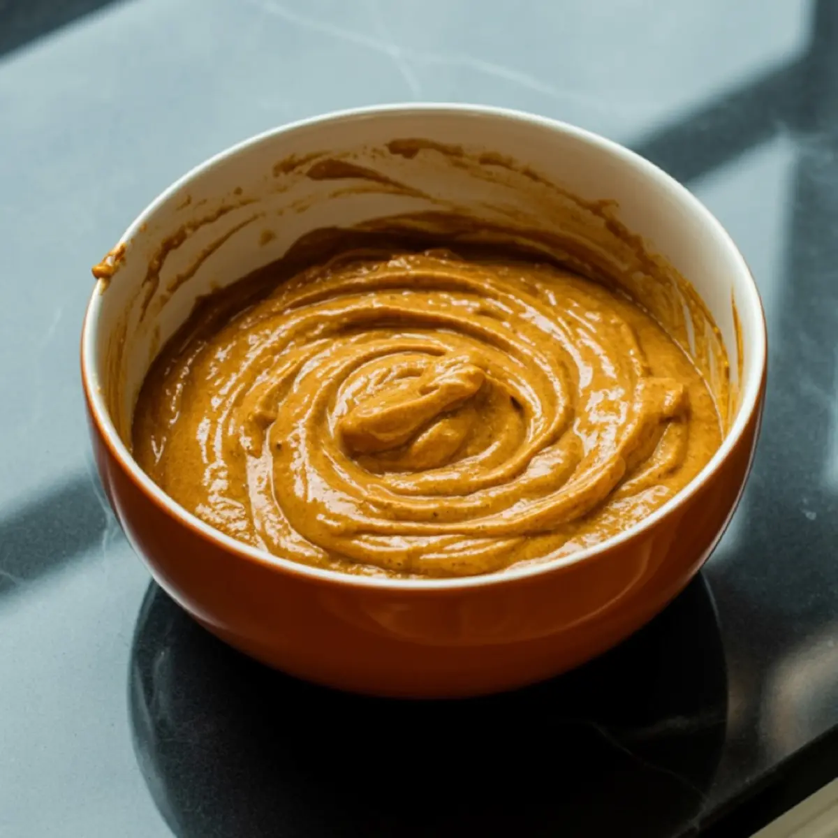 Thick pumpkin spice cake batter with a smooth, swirled texture in an orange mixing bowl placed on a reflective black counter.