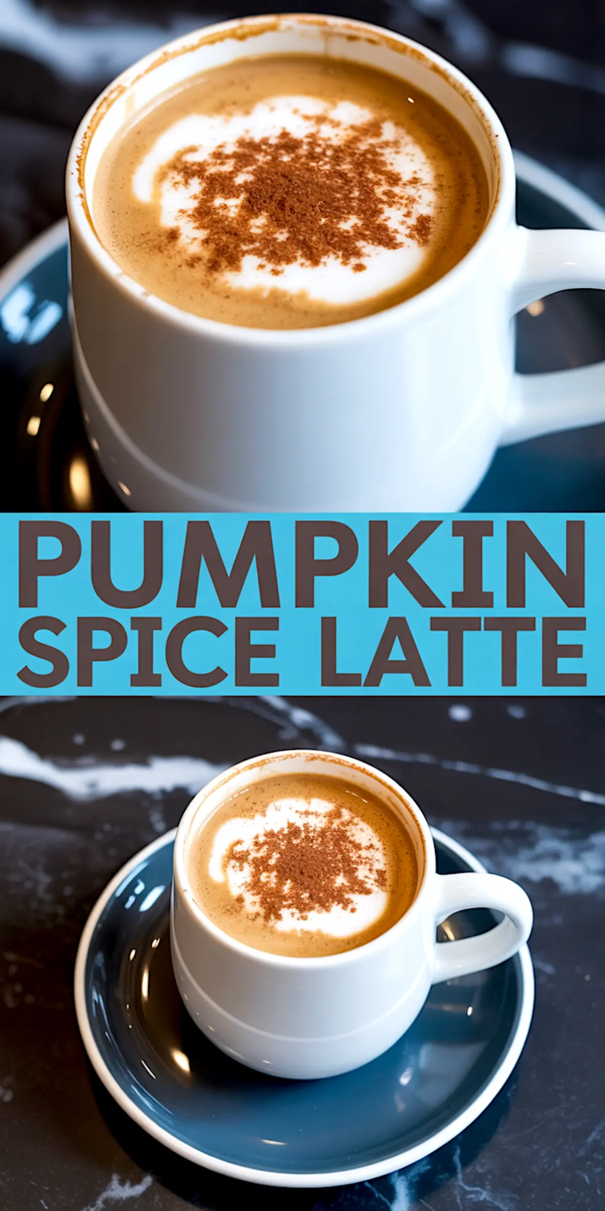 Pumpkin spice latte served in a white ceramic mug with frothy milk and cinnamon topping, styled on a blue saucer with black marble surface.